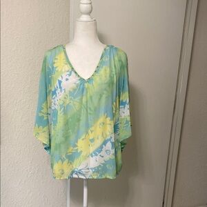 Hearts of Palm Green and Blue Dolman Sleeve Blouse Relaxed Fit